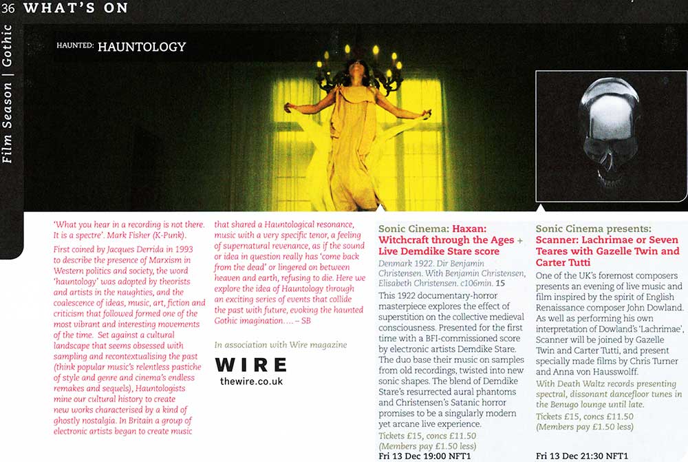 Listing for Sonic Cinema events at BFI London in their Gothic film season programme, listing Haxan: Witchcraft through the Ages with live Demdike Stare score and Scanner: Lachrimaw or Seven Teares with Gazelle Twin and Carter Tutti