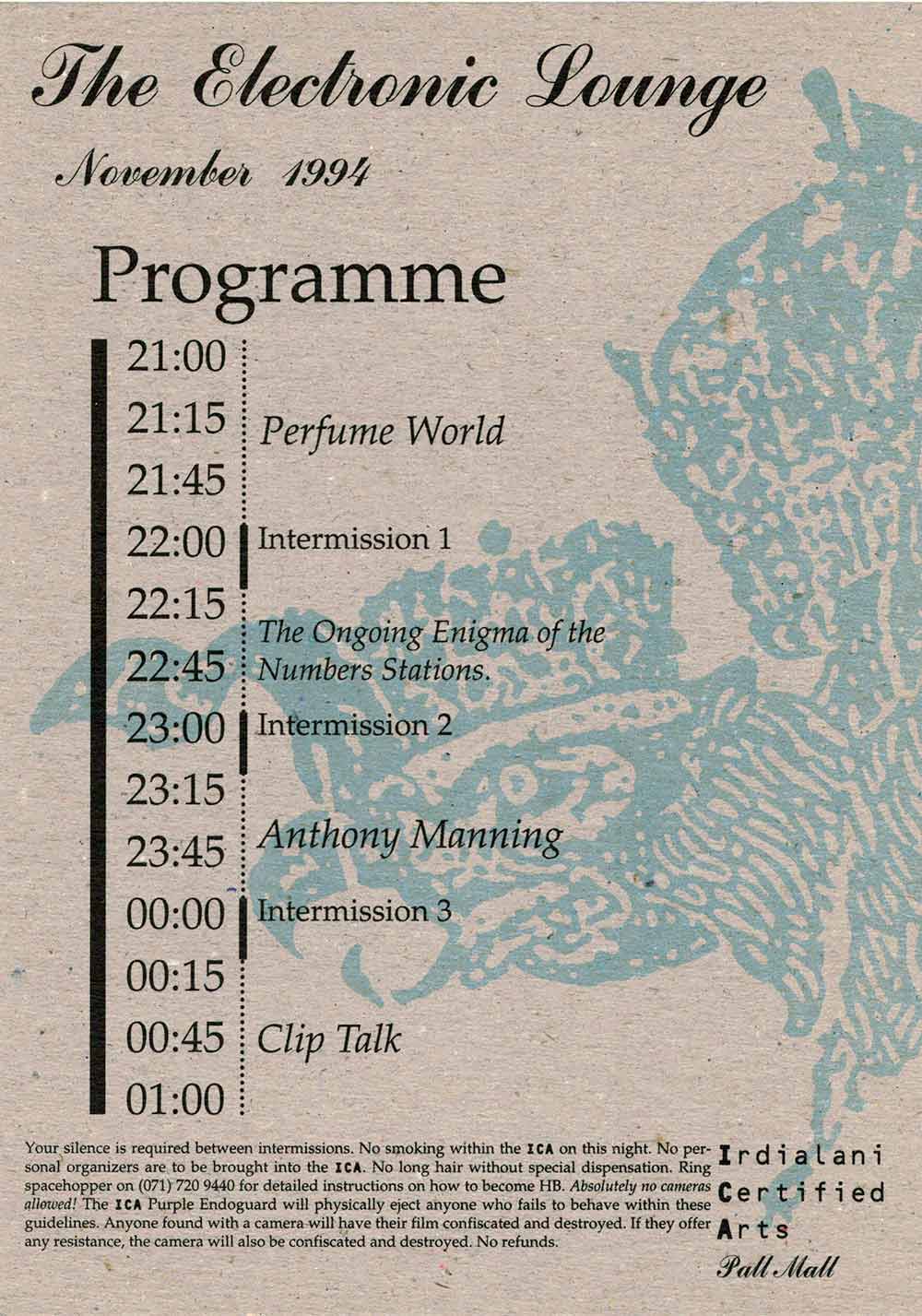 Flyer for Electronic Lounge evening event at ICA London with list of different music acts and times