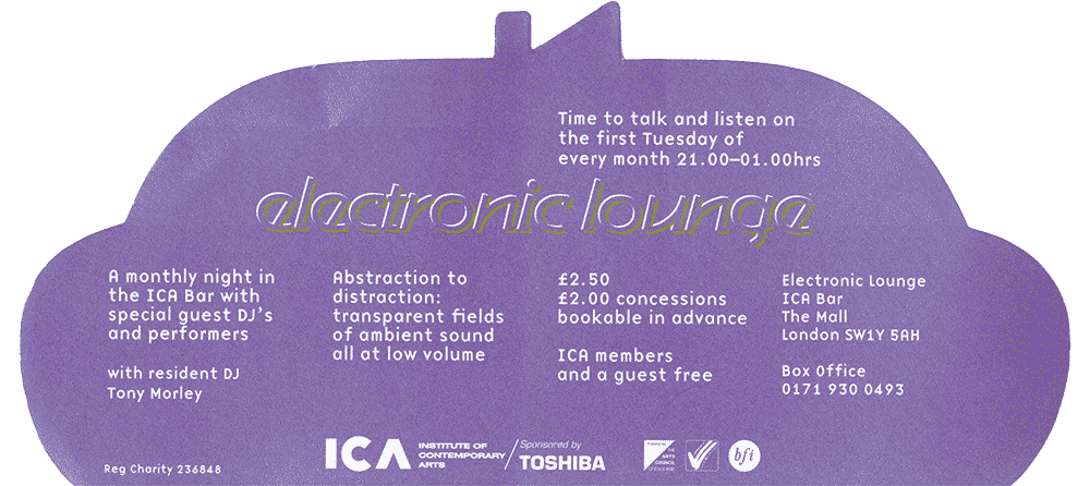 Back of the Electronic Lounge flyer in the shape of a sofa in purple announcing the monthly event at the ICA bar on the first Tuesday of every month