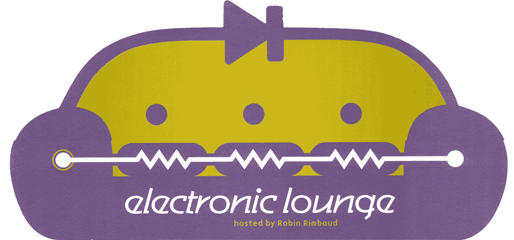 Front of Electronic Lounge flyer featuring a stylised graphic of a sofa which incorporates references to music like a play/pause button and sound waves