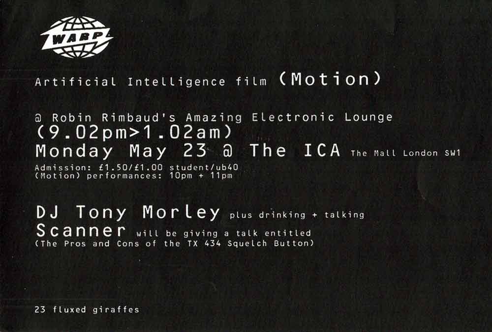 Flyer for Electronic Lounge event with Warp Records on 23 May at the ICA, London