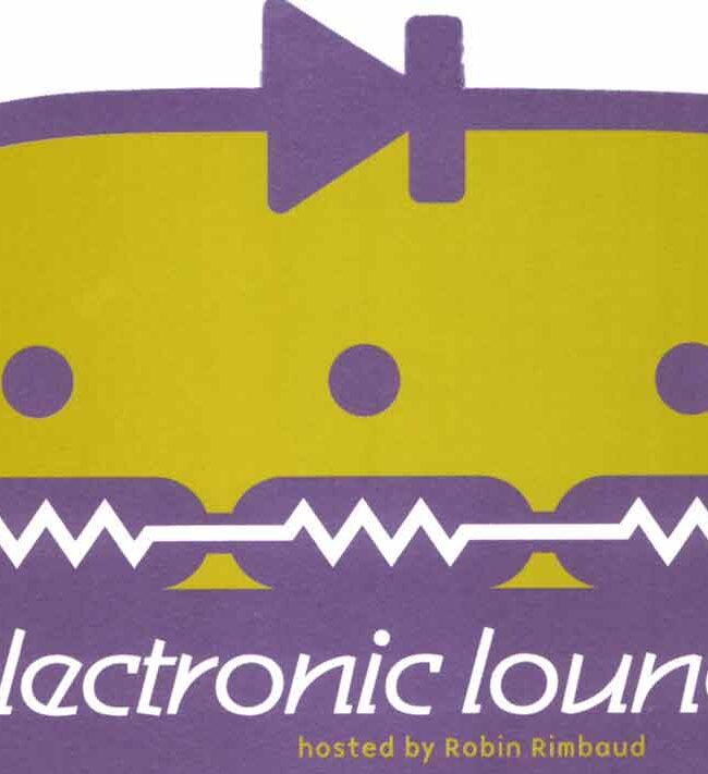 Front of Electronic Lounge flyer featuring a stylised graphic of a sofa which incorporates references to music like a play/pause button and sound waves