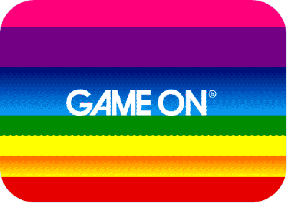 Colourful logo for the Game On exhibition at the Barbican in the shape of a retro computer screen displaying vertical stripes in (from top to bottom) pink, purple, blue, green, yellow, orange and red. The blue stripe in the middle is the widest and bears the text GAME ON in capitals and printed in white