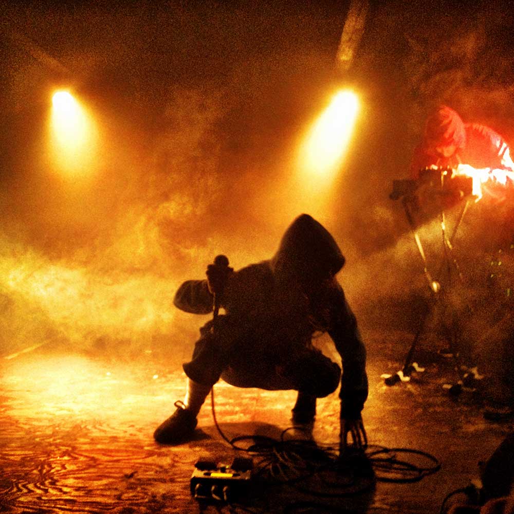 Hooded figure crouched down at front of stage holding a microphone in right hand wearing a tracksuit, hidden in the shade. Behind them stands another hooded figure, in the light, leaning over electronic music equipment.