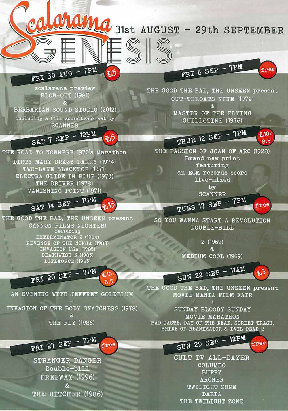 Flyer for Scalarama at Genesis Cinema London 31 August to 29 September, with a listing of ten different nights of film screenings