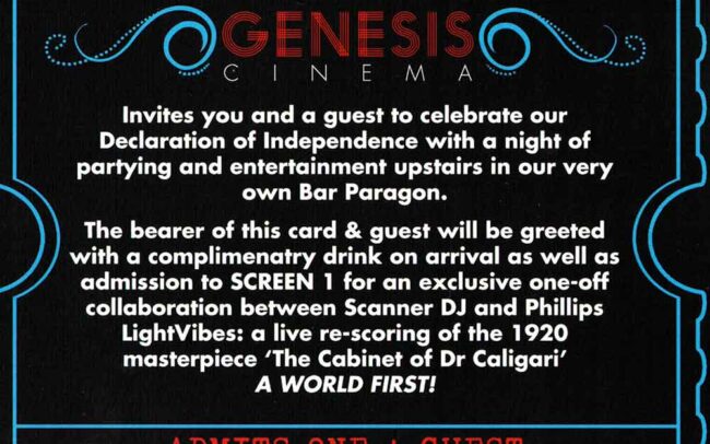 Handsome Victorian film style invitation for the world premiere of Scanner performing a live soundtrack to The Cabinet of Dr Caligari at Genesis Cinema printed on black and decorative graphics