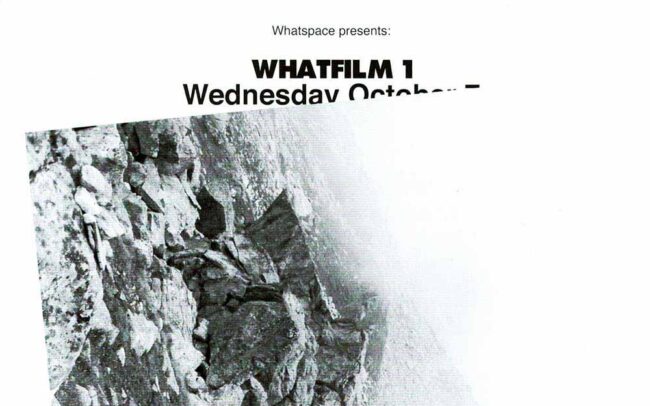 Front of the Whatfilm flyer showing a black and white photograph of a snowy rocky mountainous landscape